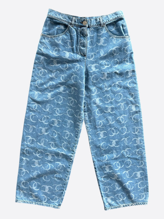 Chanel Blue & White 23B CC Logo Sequin Women's Denim Jeans