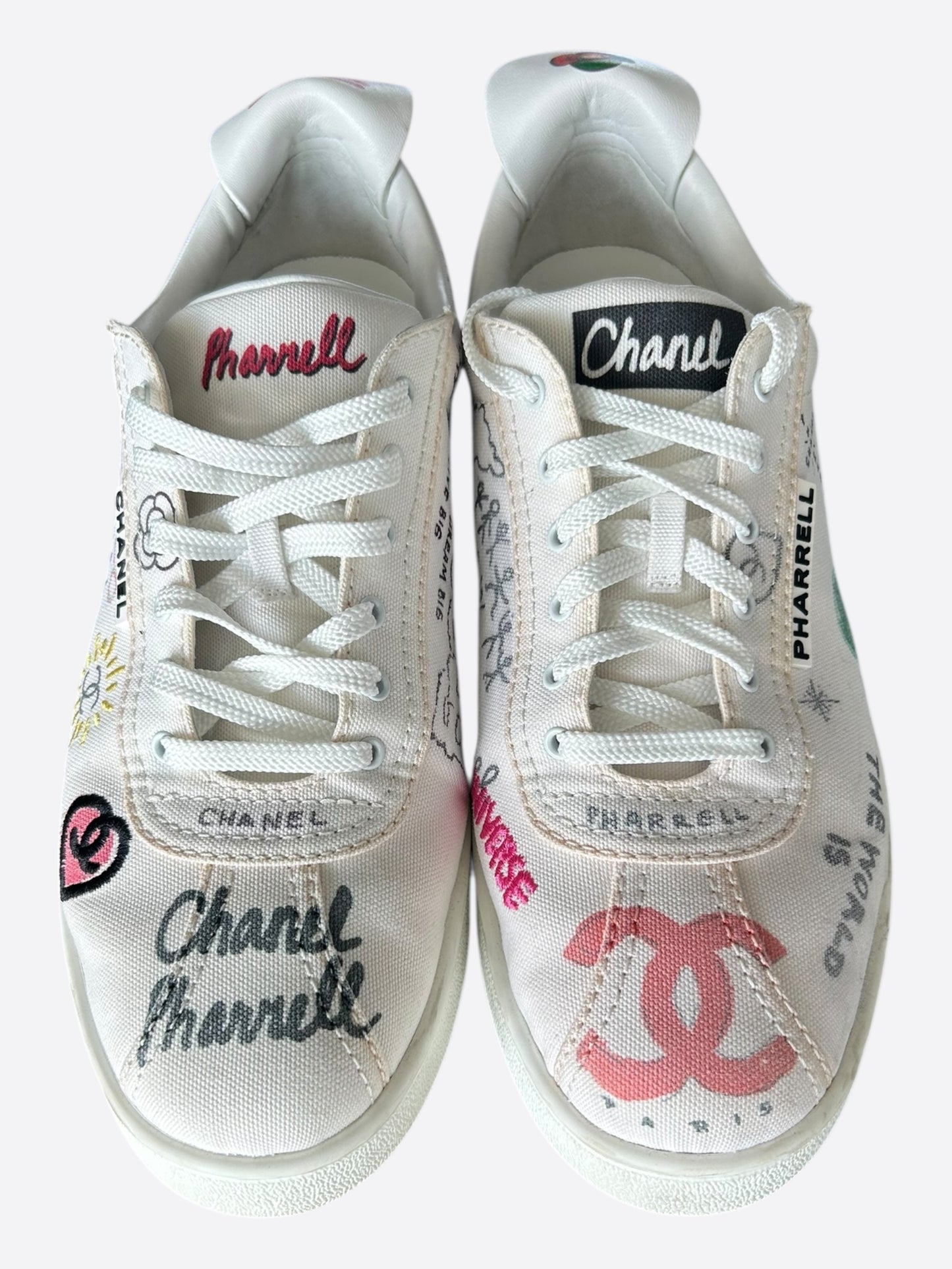 Chanel Pharrell White & Multicolor Graffiti Logo Sneakers