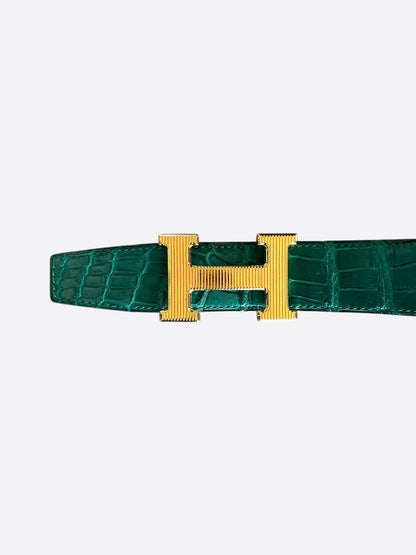 Hermes Emerald Green & Brown Crocodile Constance Reversible Belt