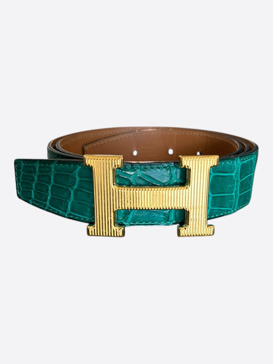 Hermes Emerald Green & Brown Crocodile Constance Reversible Belt