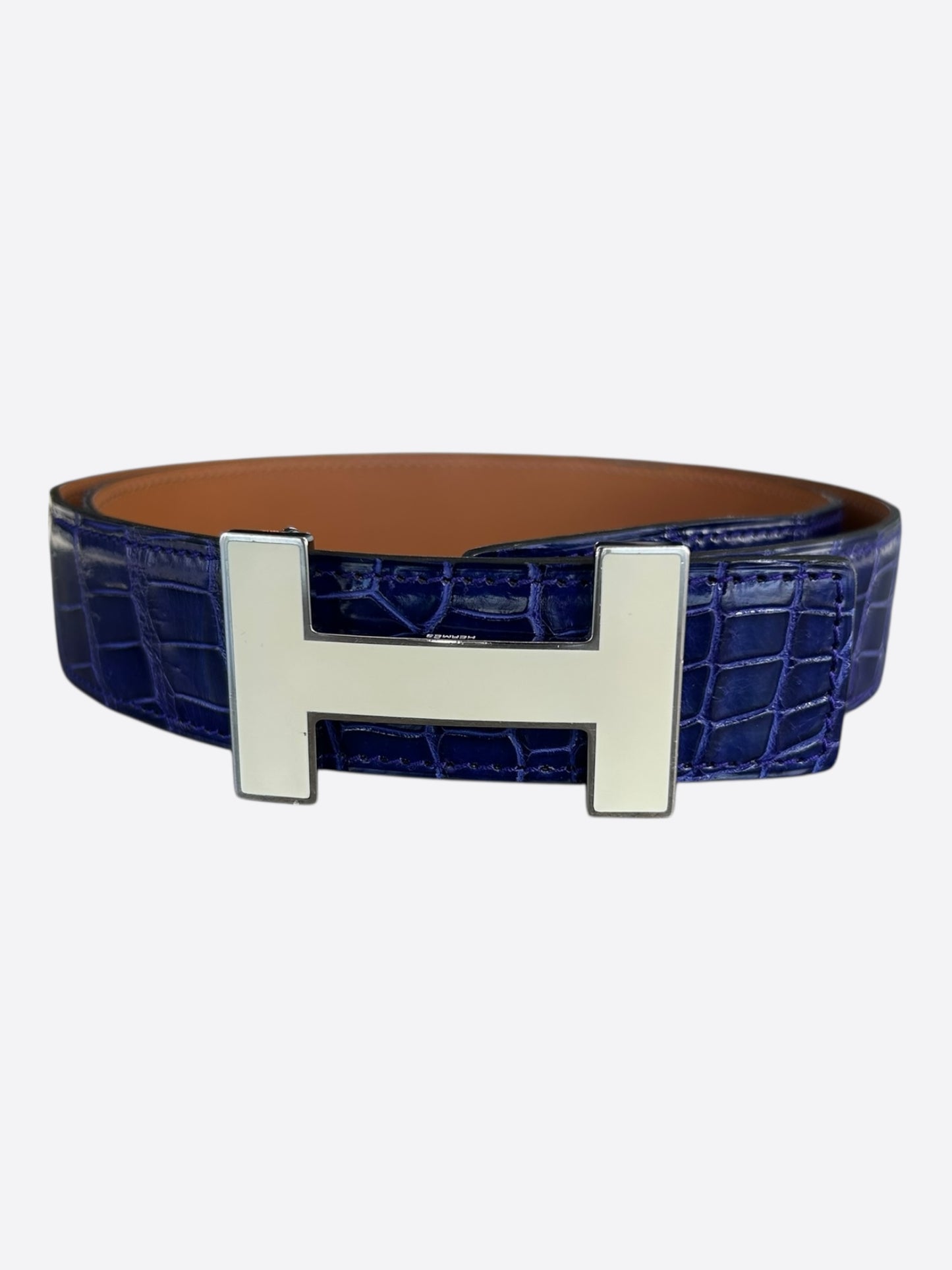 Hermes Bleu Electrique & Brown Crocodile Constance Reversible Enamel Belt