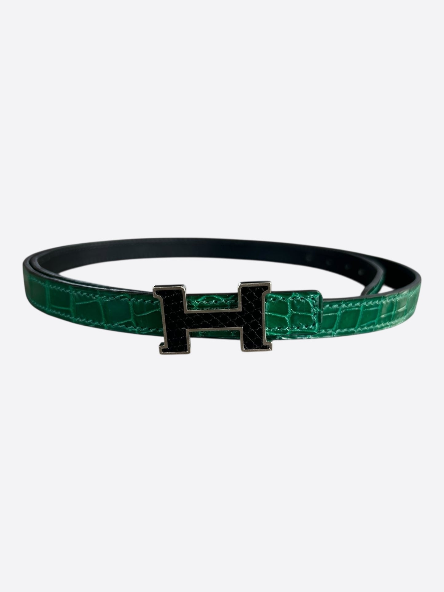 Hermes Emerald Green & Black Crocodile Constance Reversible Belt