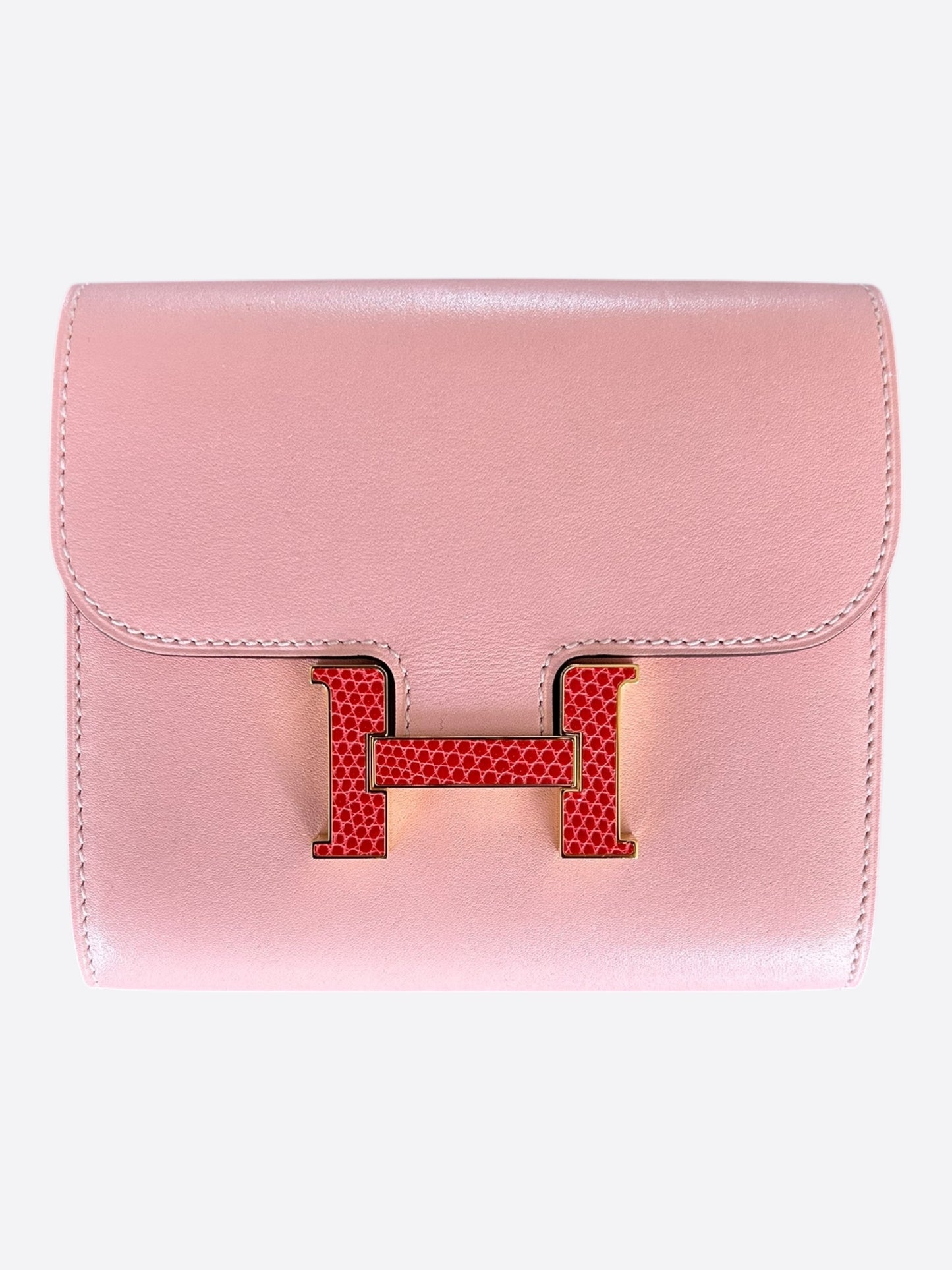 Hermes Pink Box Leather& Gold Hardware Lizard Constance Compact Wallet