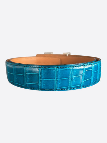Hermes Bleu Jean & Brown Crocodile Constance Reversible Belt