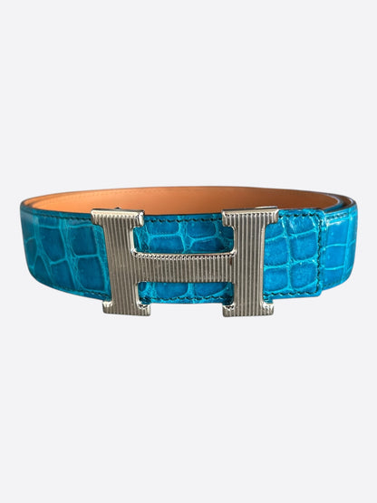 Hermes Bleu Jean & Brown Crocodile Constance Reversible Belt