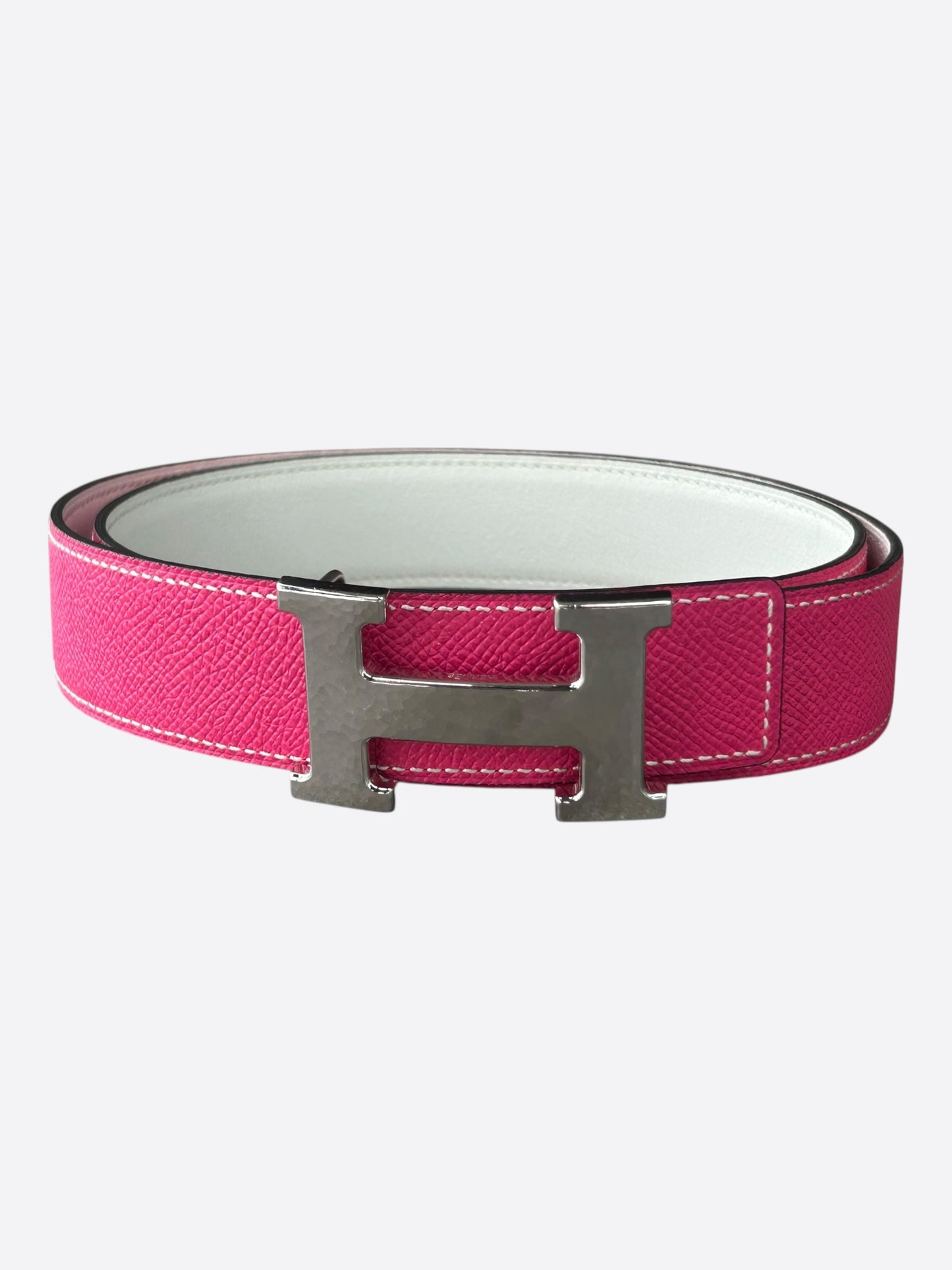 Hermes Pink & White Palladium Constance Reversible Belt