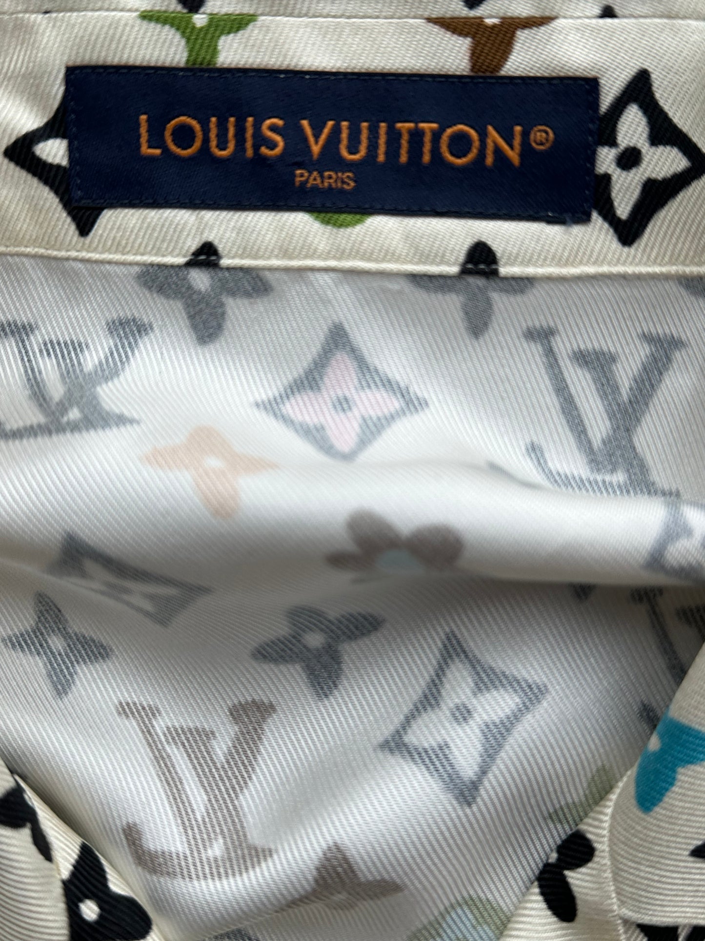 Louis Vuitton Tyler Cream Multicolor Monogram Silk Button Up Shirt