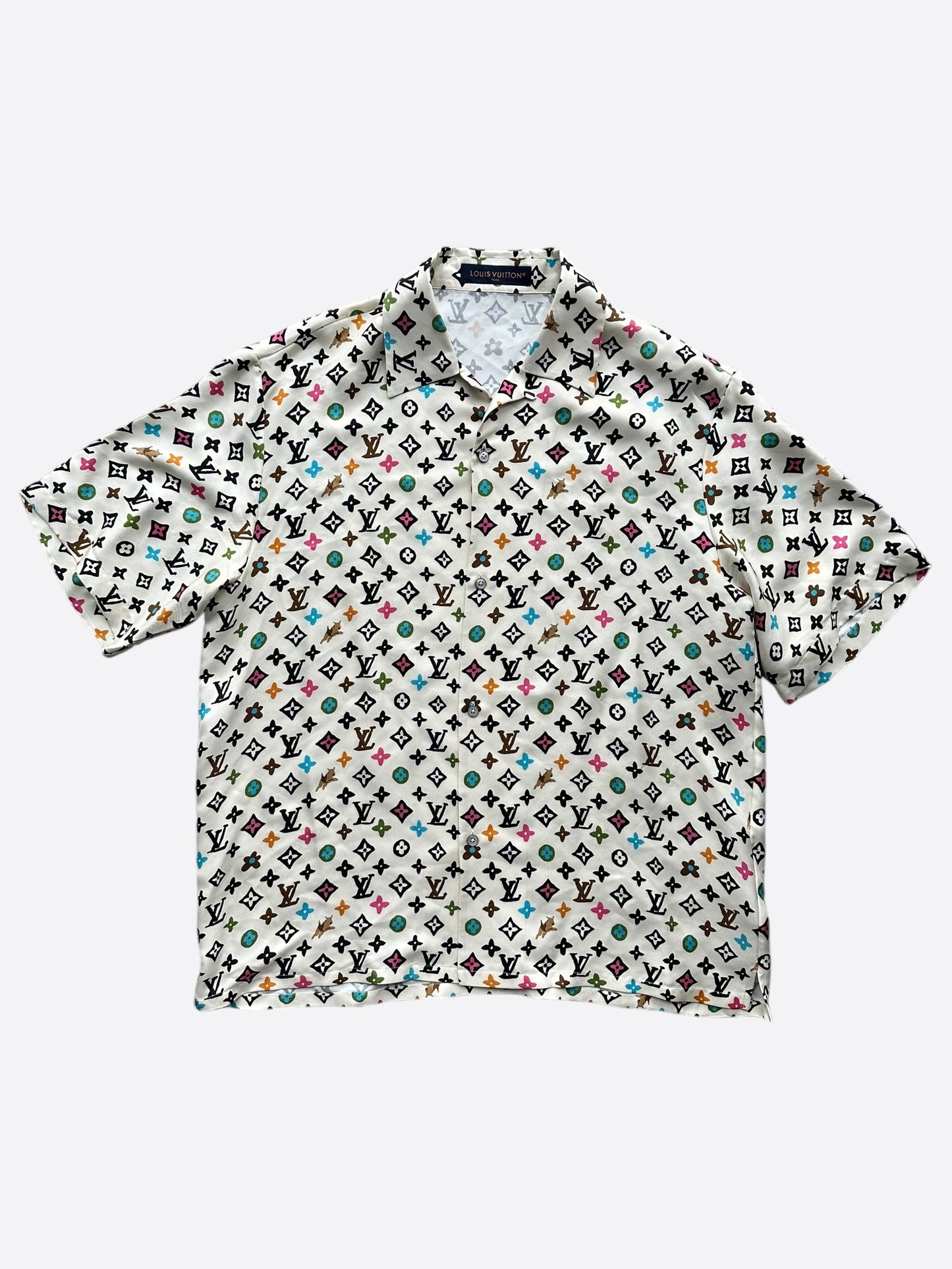 Louis Vuitton Tyler Cream Multicolor Monogram Silk Button Up Shirt