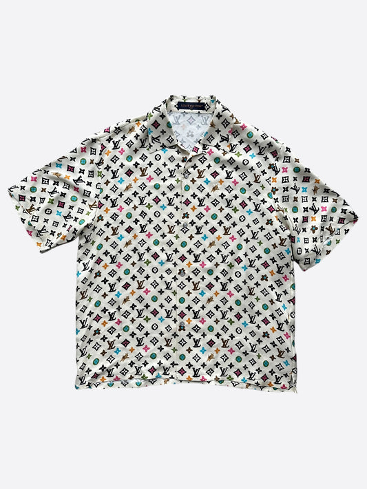 Louis Vuitton Tyler Cream Multicolor Monogram Silk Button Up Shirt