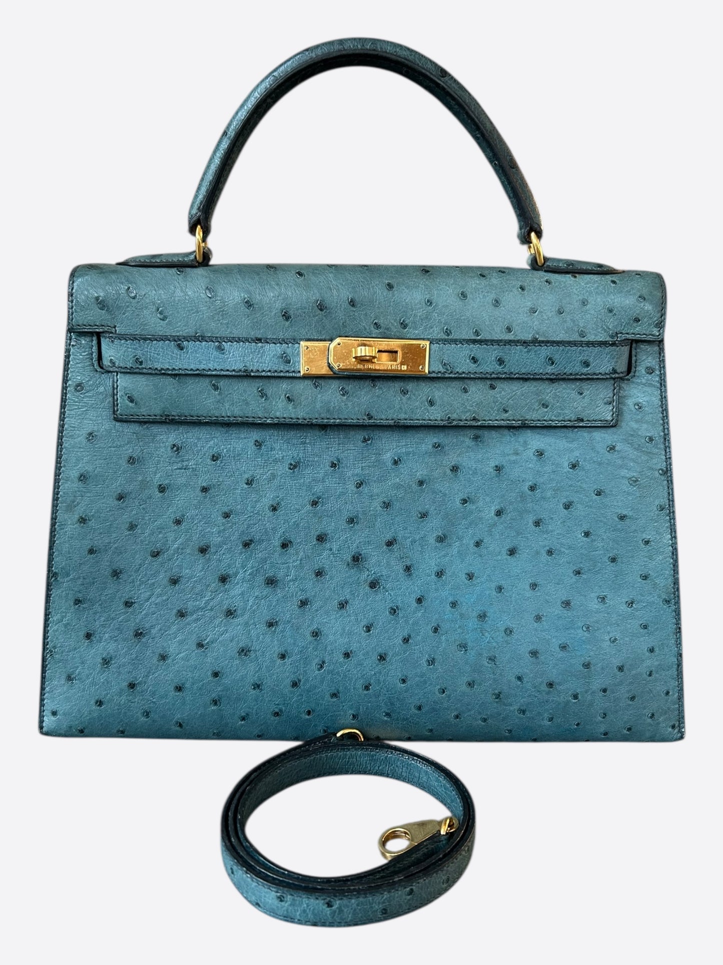Hermes Blue Ostrich & Gold Hardware Kelly 32