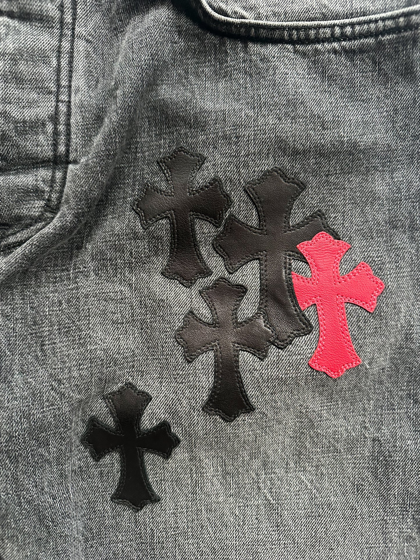 Chrome Hearts Grey Black & Red Cross Patch Jeans