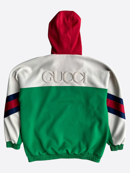 Gucci Green & Red Embossed Logo Anorak Hoodie