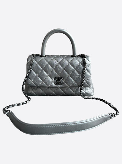 Chanel Metallic Grey Calfskin Quilted Coco Small Top Handle Bag