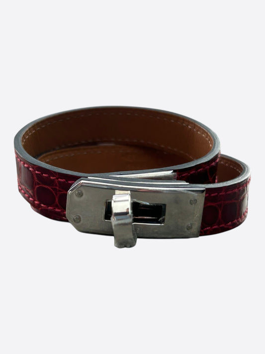 Hermes Red Crocodile & Palladium Hardware Kelly Double Tour Bracelet