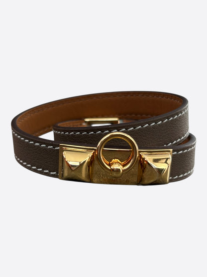 Hermes Etoupe Swift & Gold Hardware Rivale Double Tour Bracelet