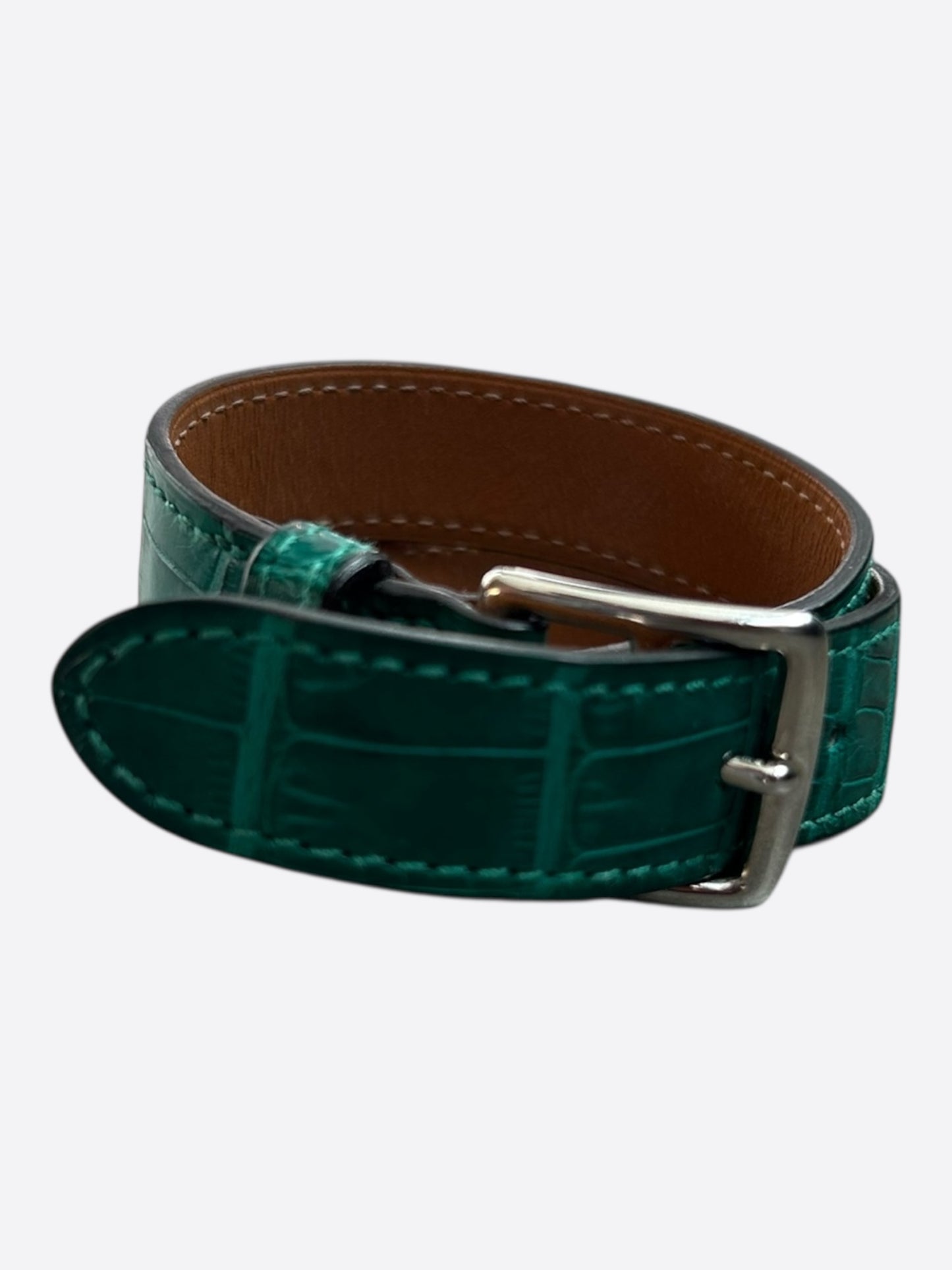 Hermes Green Crocodile & Palladium Hardware Etriviere Double Tour Bracelet