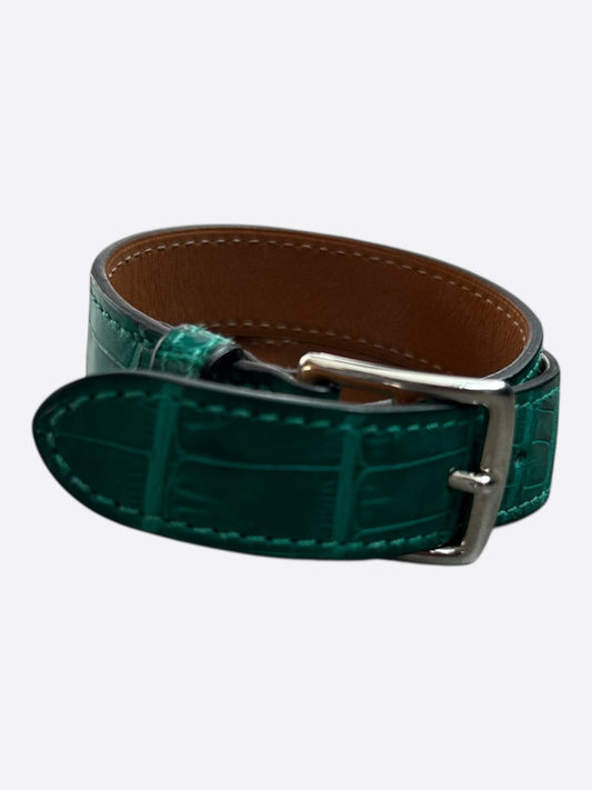 Hermes Green Crocodile & Palladium Hardware Etriviere Double Tour Bracelet