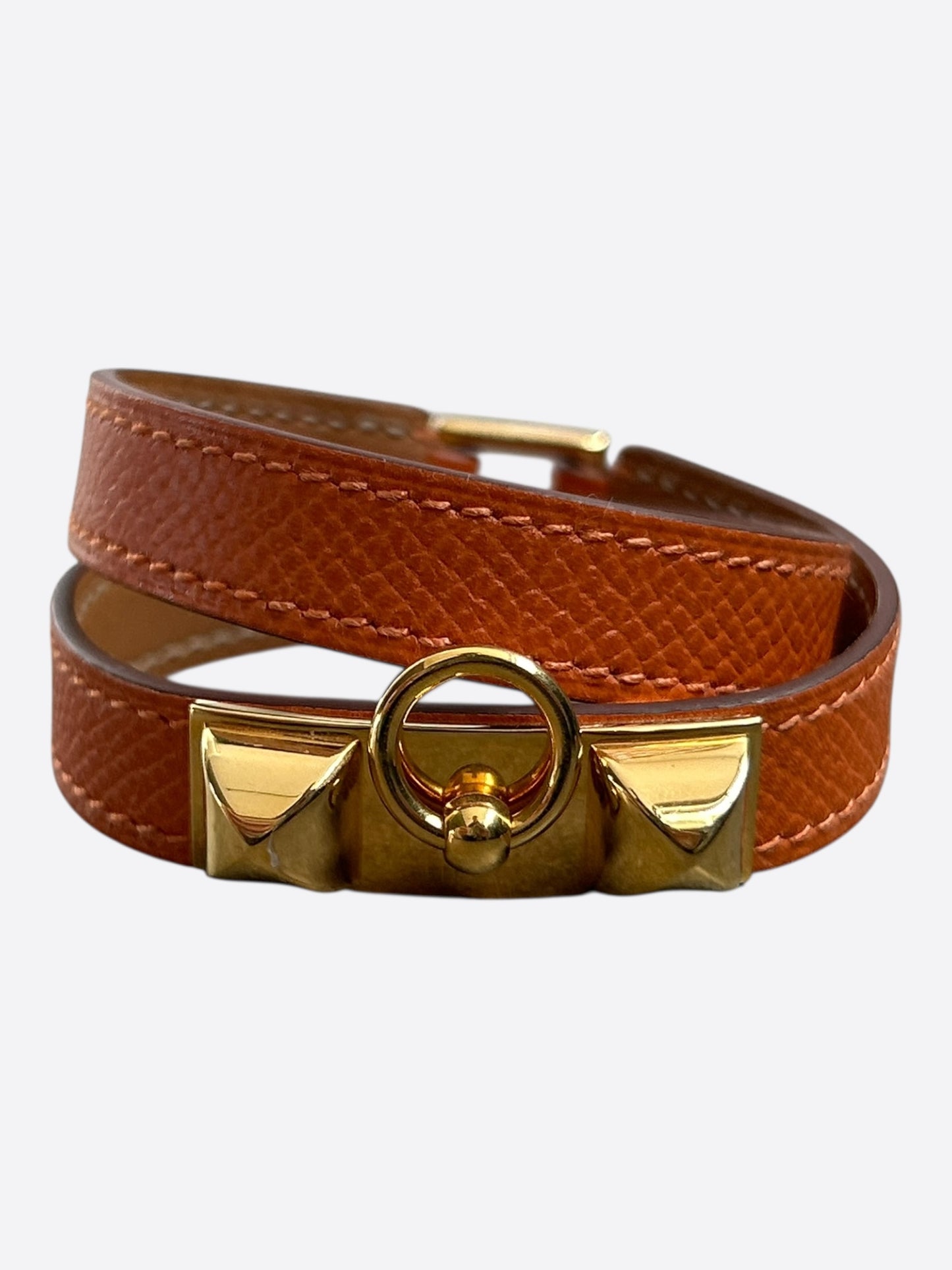 Hermes Brown Epsom & Gold Hardware Rivale Double Tour Bracelet
