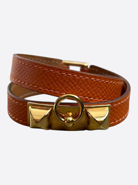 Hermes Brown Epsom & Gold Hardware Rivale Double Tour Bracelet