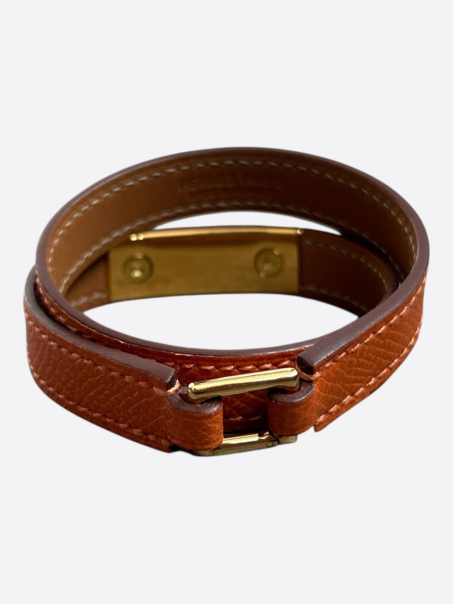 Hermes Brown Epsom & Gold Hardware Rivale Double Tour Bracelet