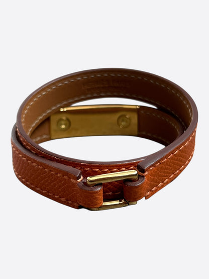 Hermes Brown Epsom & Gold Hardware Rivale Double Tour Bracelet