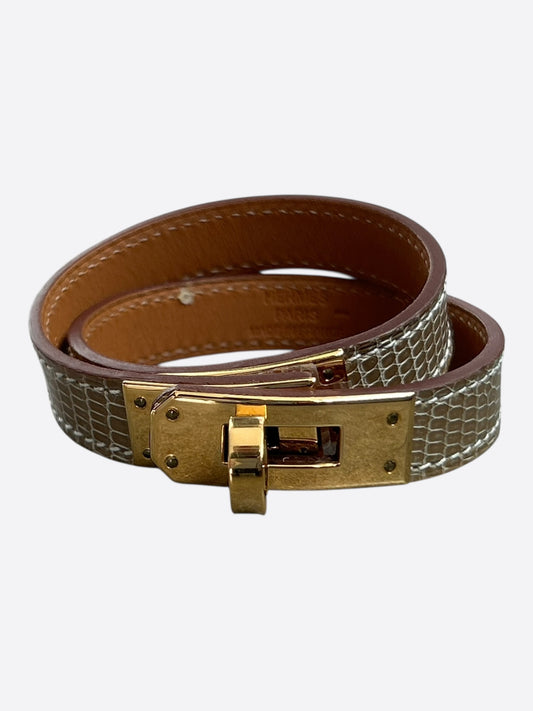 Hermes Brown Lizard & Gold Hardware Kelly Double Tour Bracelet