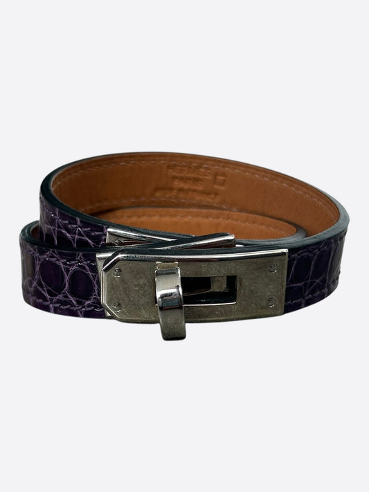 Hermes Purple Crocodile & Palladium Hardware Kelly Double Tour Bracelet