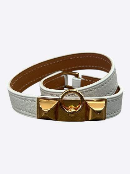 Hermes White Swift & Gold Hardware Rivale Double Tour Bracelet