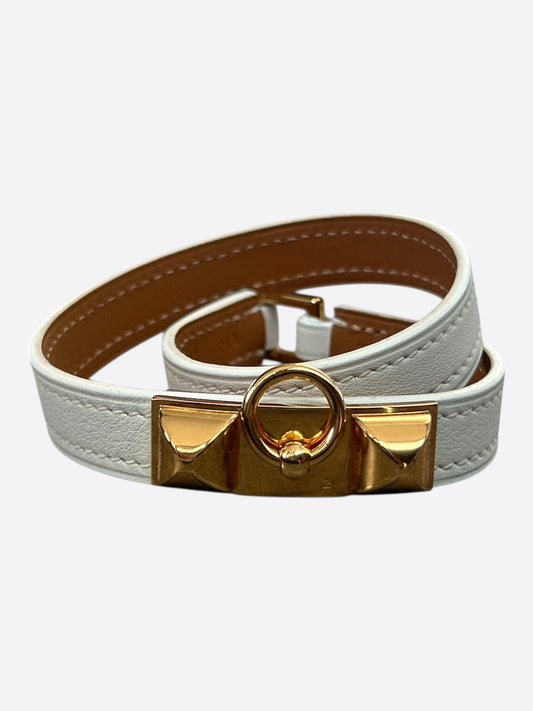 Hermes White Swift & Gold Hardware Rivale Double Tour Bracelet