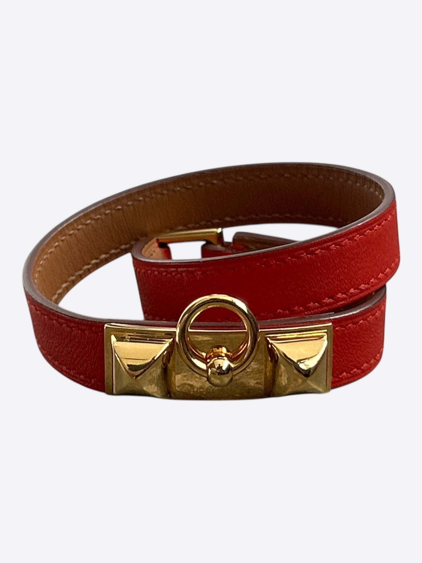 Hermes Red Swift & Gold Hardware Rivale Double Tour Bracelet