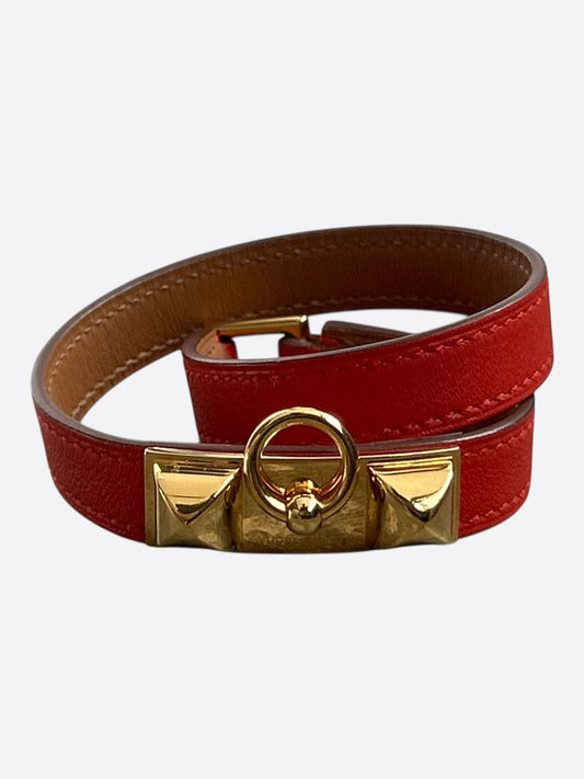 Hermes Red Swift & Gold Hardware Rivale Double Tour Bracelet