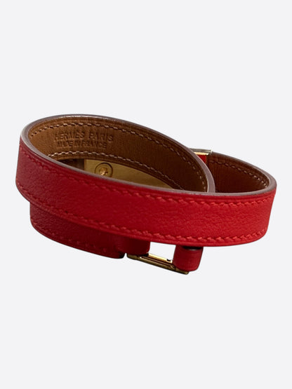 Hermes Red Swift & Gold Hardware Rivale Double Tour Bracelet