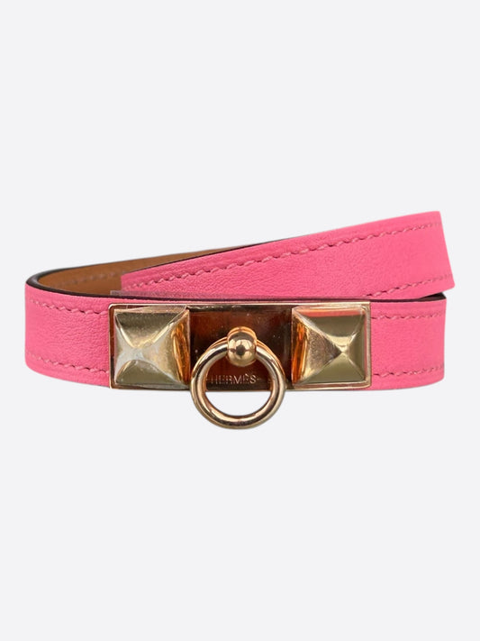 Hermes Pink Swift & Gold Hardware Rivale Double Tour Bracelet