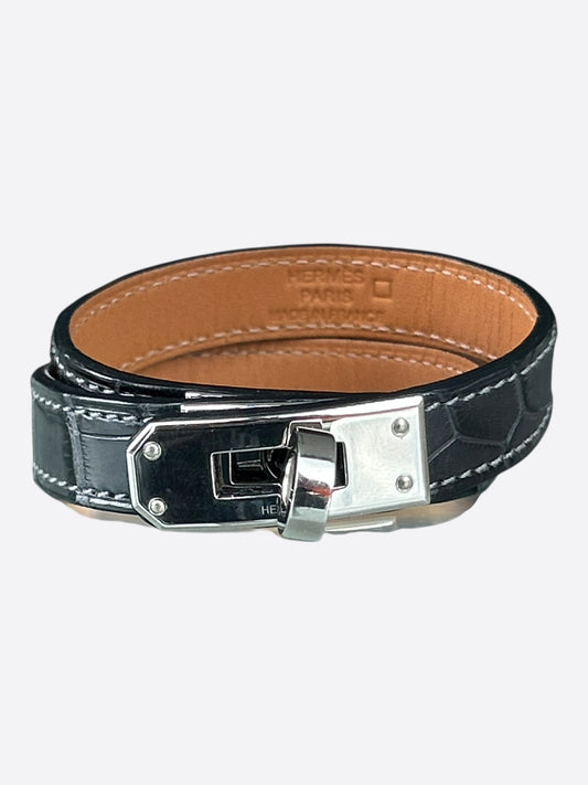 Hermes Black Crocodile & Palladium Hardware Kelly Double Tour Bracelet