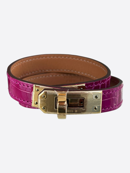 Hermes Pink Crocodile & Gold Hardware Kelly Double Tour Bracelet