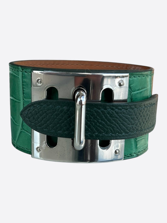 Hermes Green Crocodile & Palladium Hardware Intense Bracelet