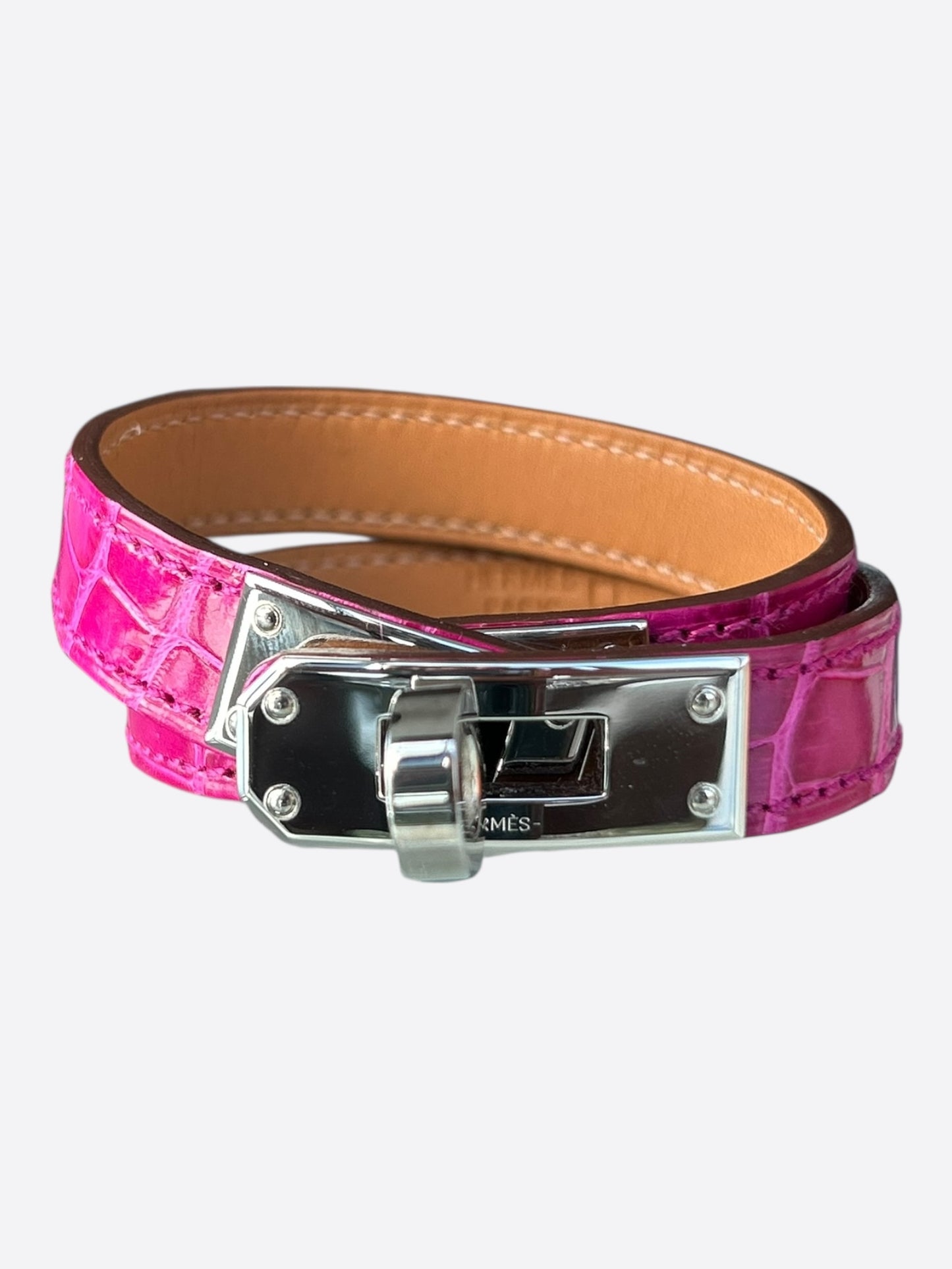 Hermes Pink Crocodile & Palladium Hardware Kelly Double Tour Bracelet