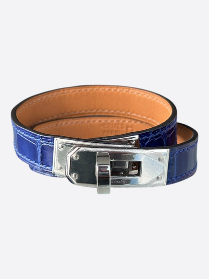 Hermes Blue Crocodile & Palladium Hardware Kelly Double Tour Bracelet