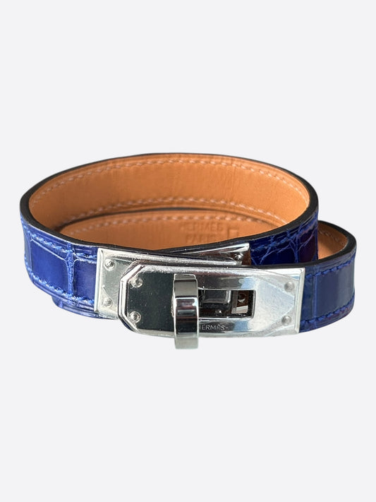 Hermes Blue Crocodile & Palladium Hardware Kelly Double Tour Bracelet