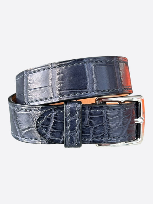 Hermes Navy Blue Crocodile & Palladium Hardware Etriviere Double Tour Bracelet