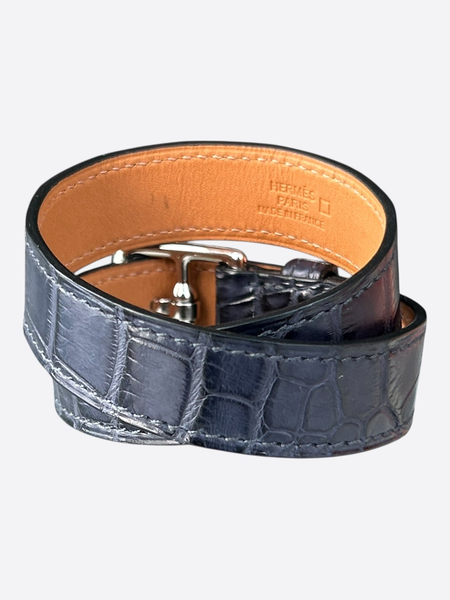 Hermes Navy Blue Crocodile & Palladium Hardware Etriviere Double Tour Bracelet