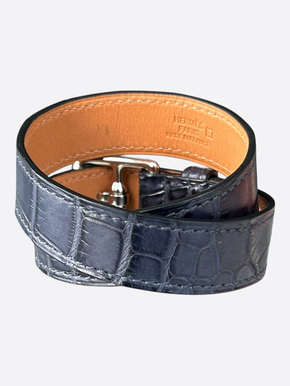 Hermes Navy Blue Crocodile & Palladium Hardware Etriviere Double Tour Bracelet