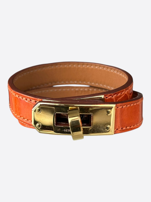 Hermes Orange Crocodile & Gold Hardware Kelly Double Tour Bracelet