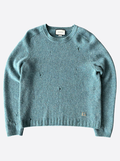 Gucci Blue Distressed G Logo Wool Sweater