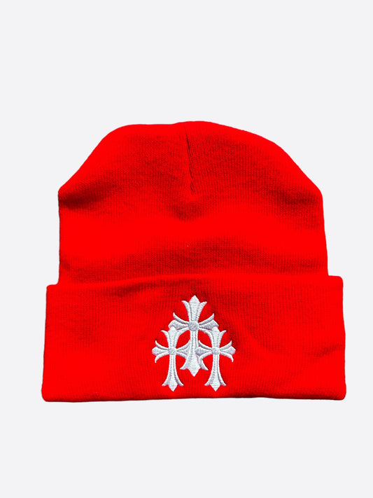 Chrome Hearts Red & White Triple Cross Embroidered Beanie