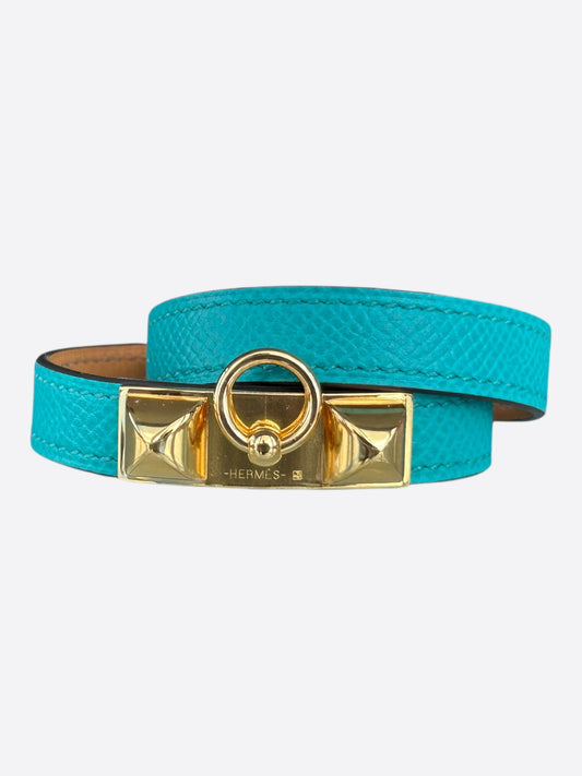 Hermes Turquoise Epsom & Gold Hardware Rivale Double Tour Bracelet
