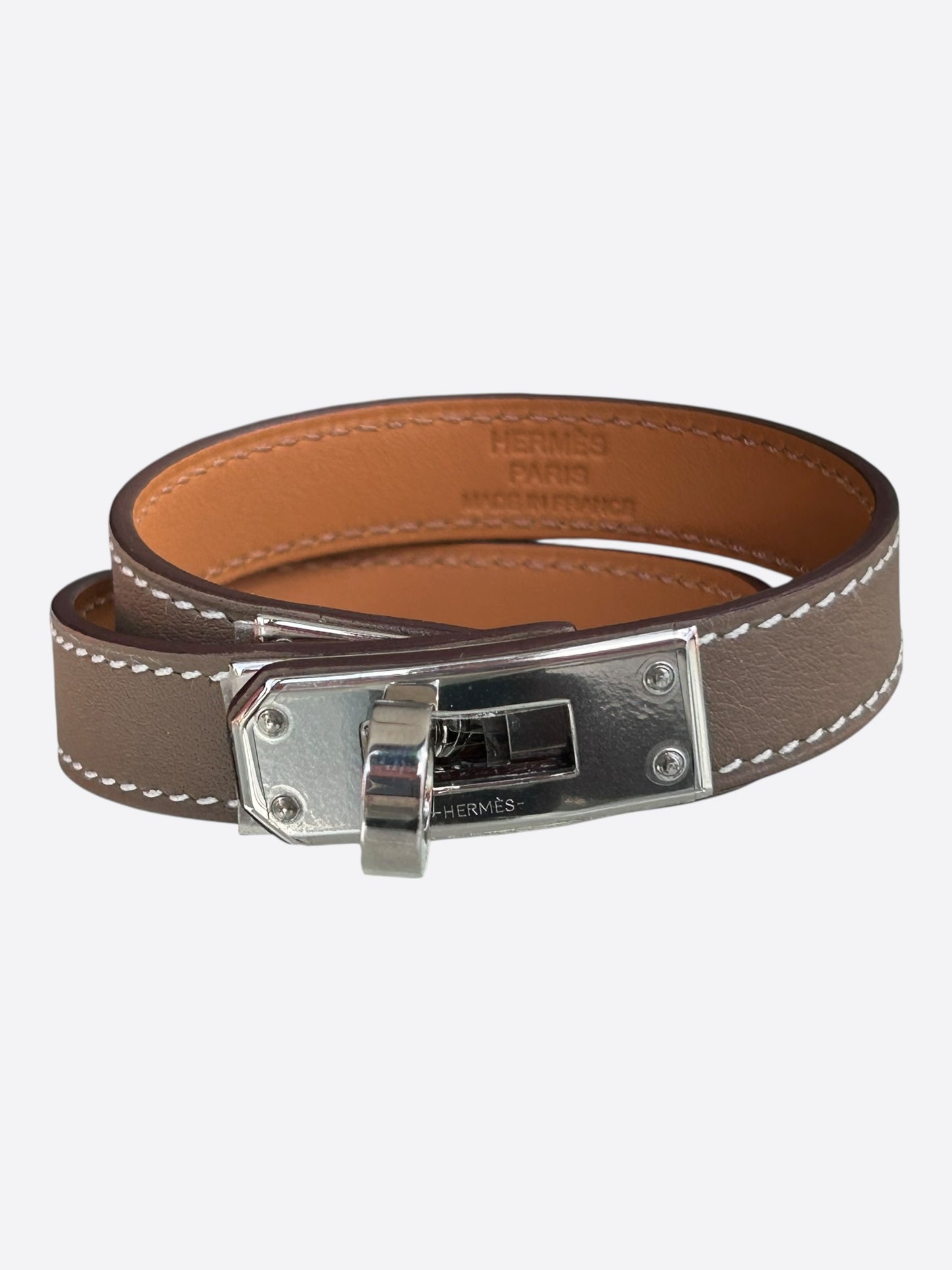Hermes Etoupe Swift & Palladium Hardware Kelly Double Tour Bracelet