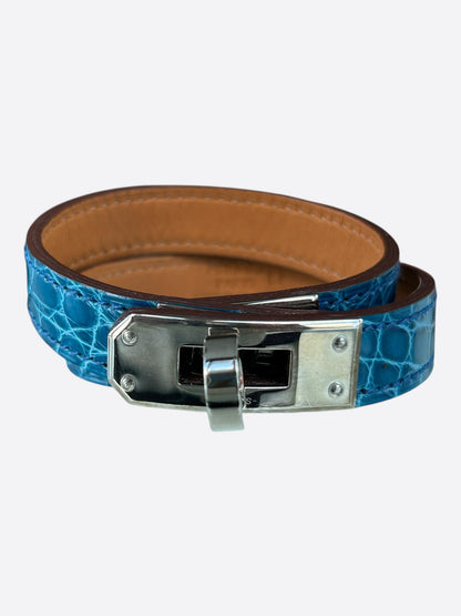 Hermes Blue Crocodile & Gold Hardware Kelly Double Tour Bracelet