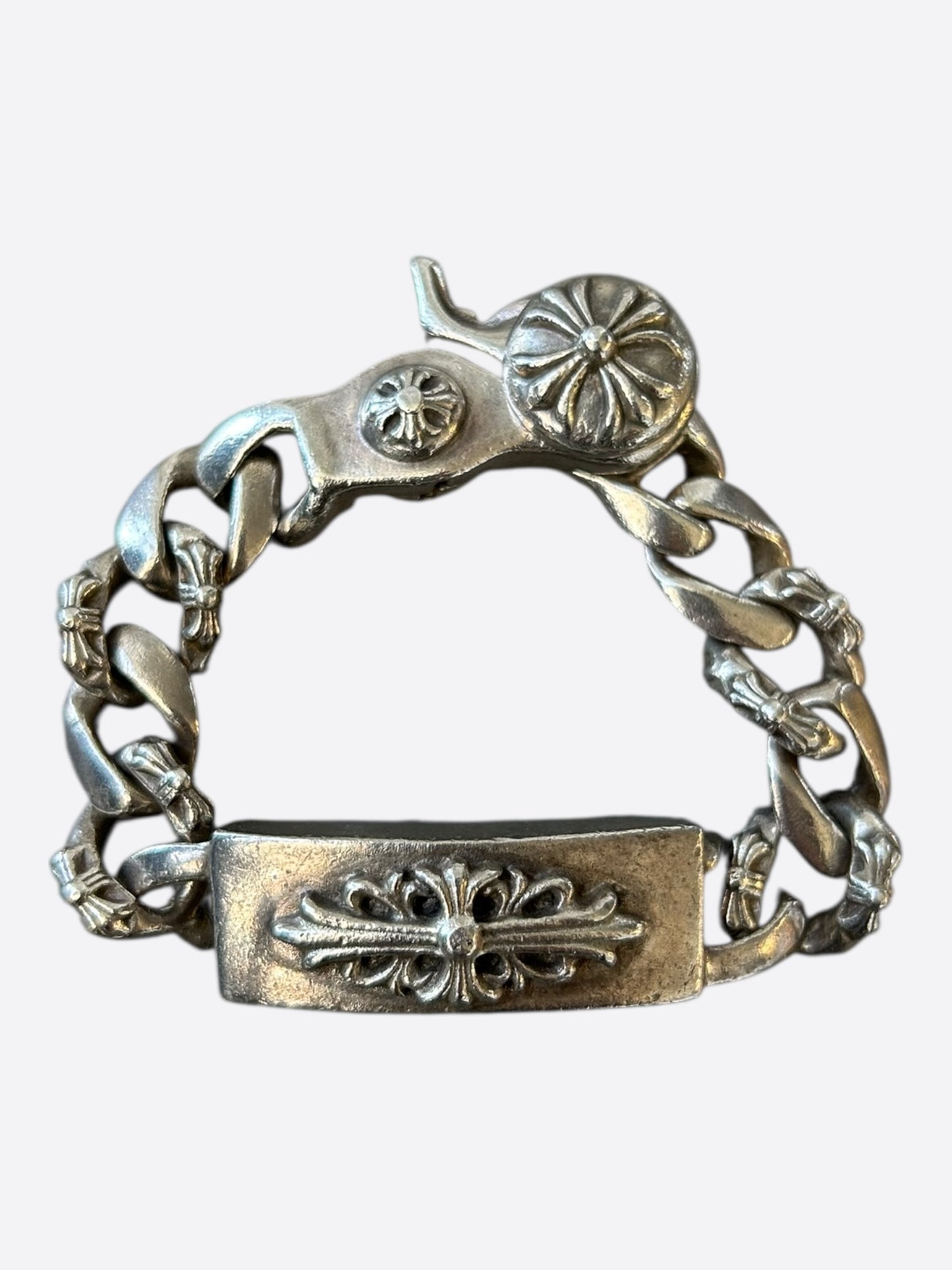 Chrome Hearts Silver Fancy Link Floral Cross Cuban Bracelet
