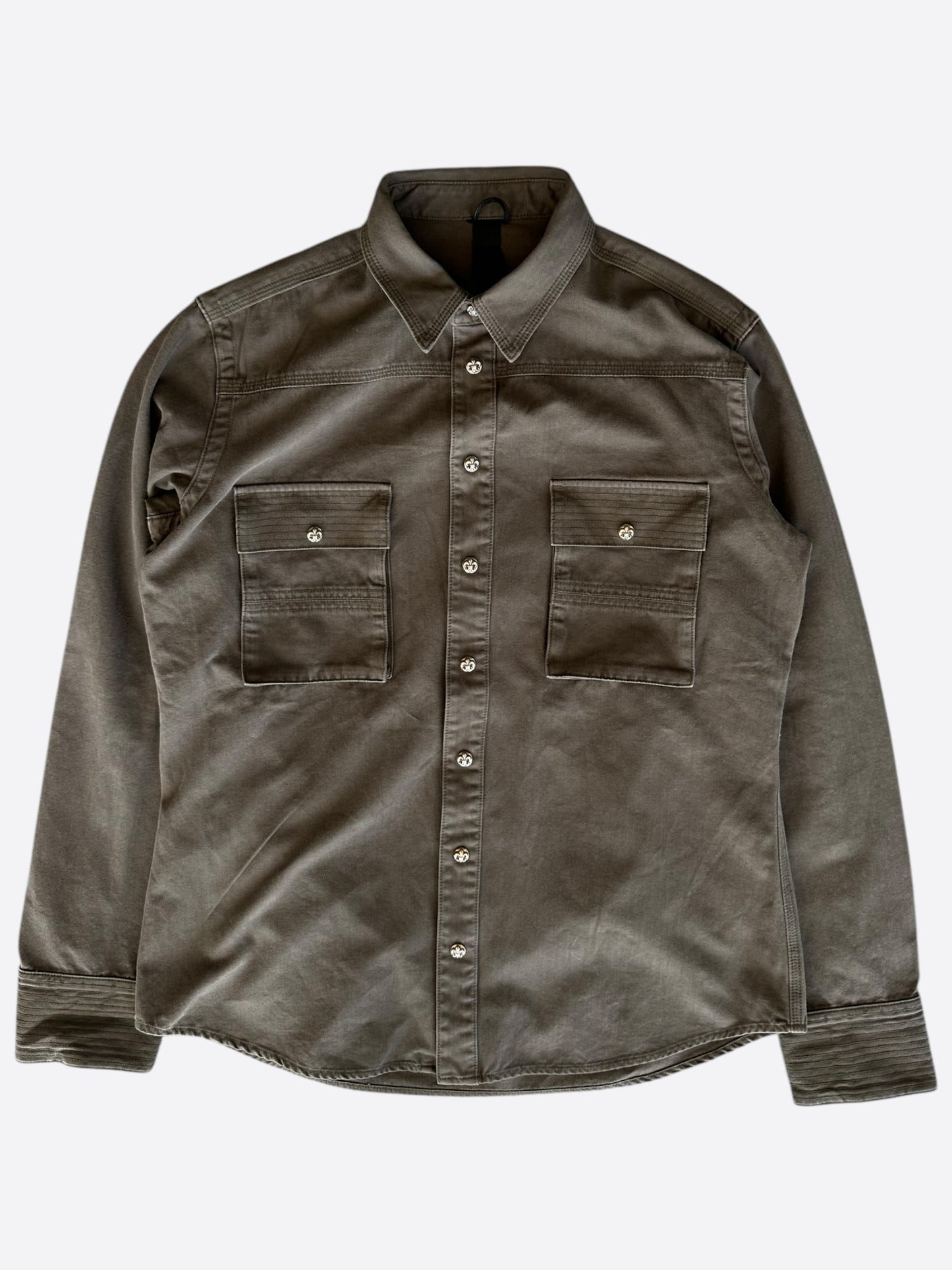 Chrome Hearts Olive & Black Leather Fleur Patch Button Up Shirt